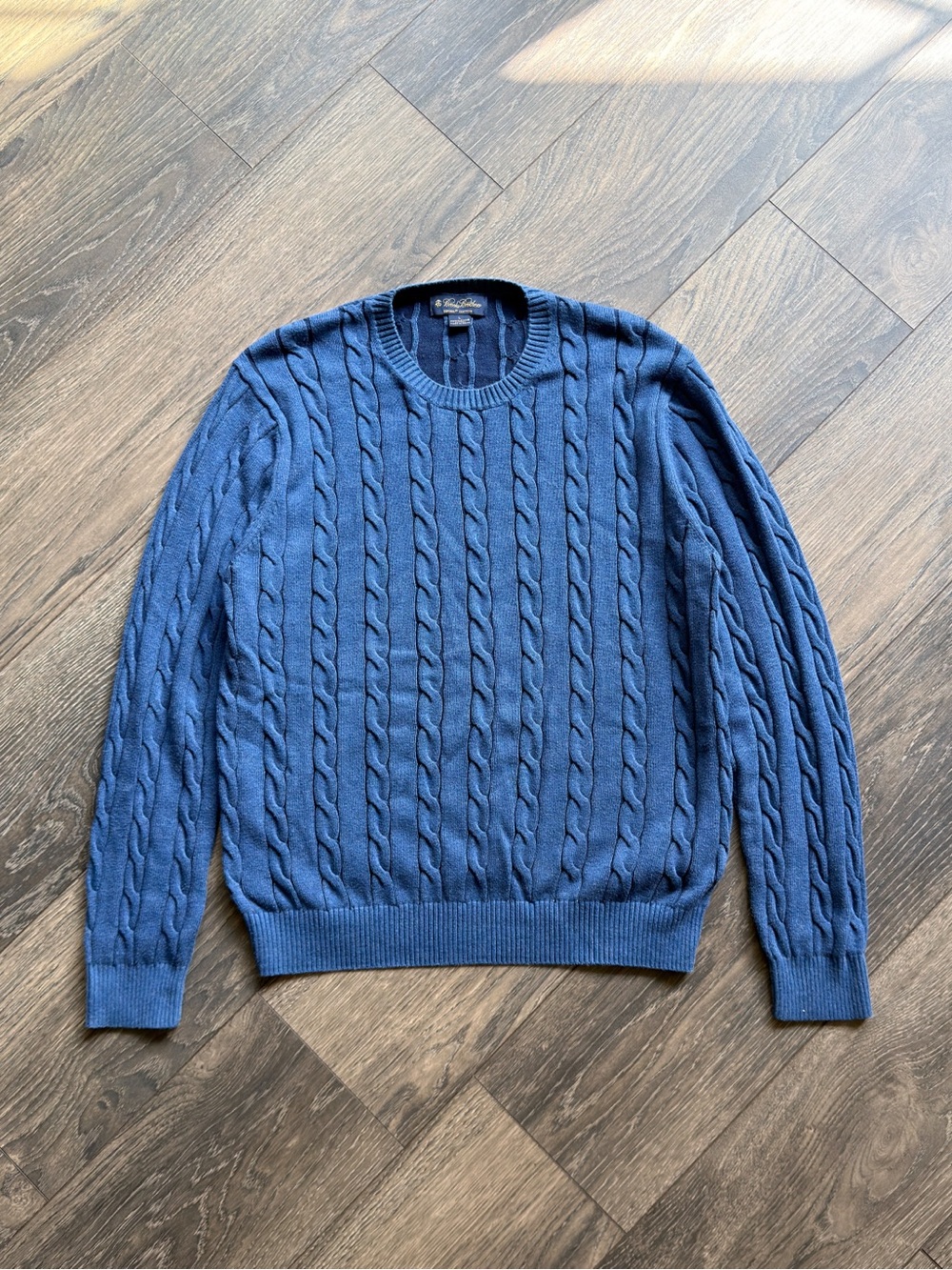 Brooks Brothers Men’s Large Cable Knit Sweater Blue Supima Cotton Crew Neck